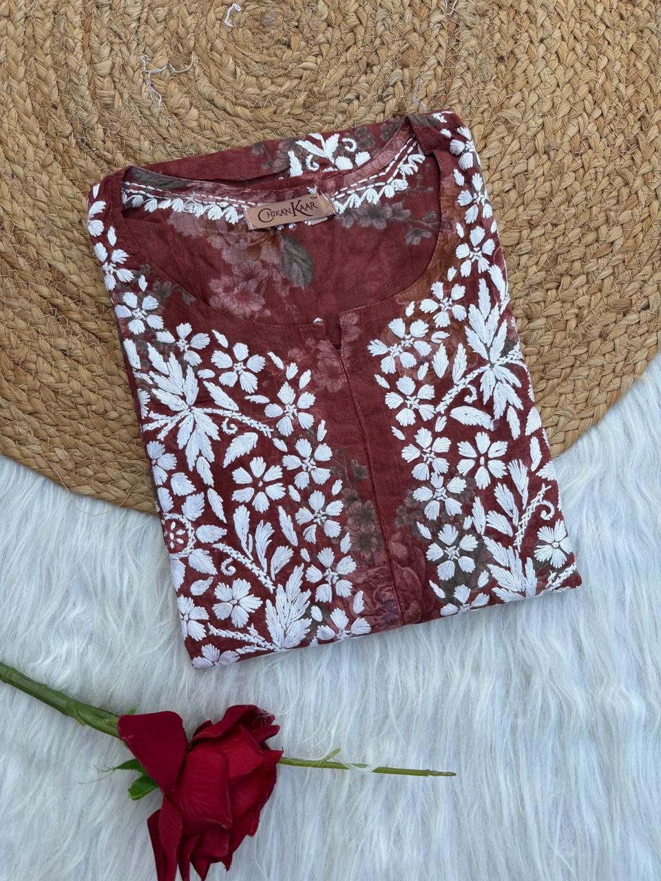 Zaina Pure Mulmul Chikankari Handwork Kurti - Brick Red Colour
