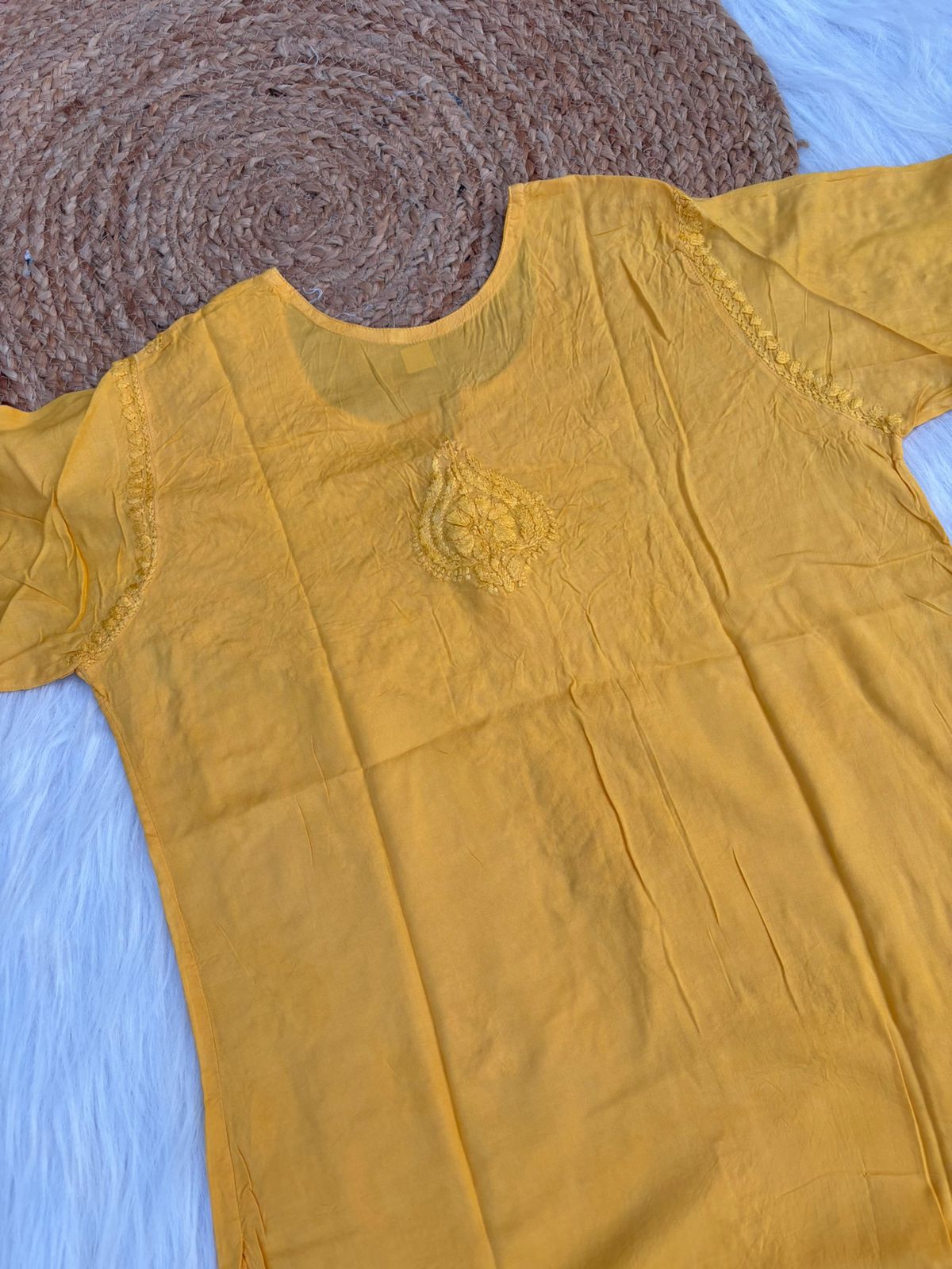 Zimal Dyeable Soft Rayon Chikankari Short Kurti - Yellow Colour