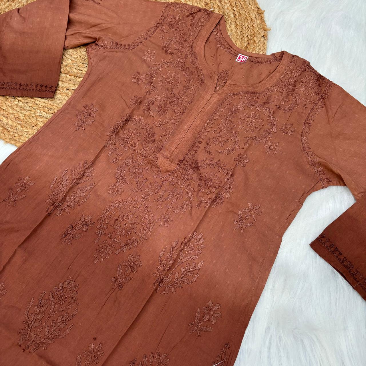 Tuba Ombre Shaded Dobby Cotton Chikankari Kurti - Brown Colour