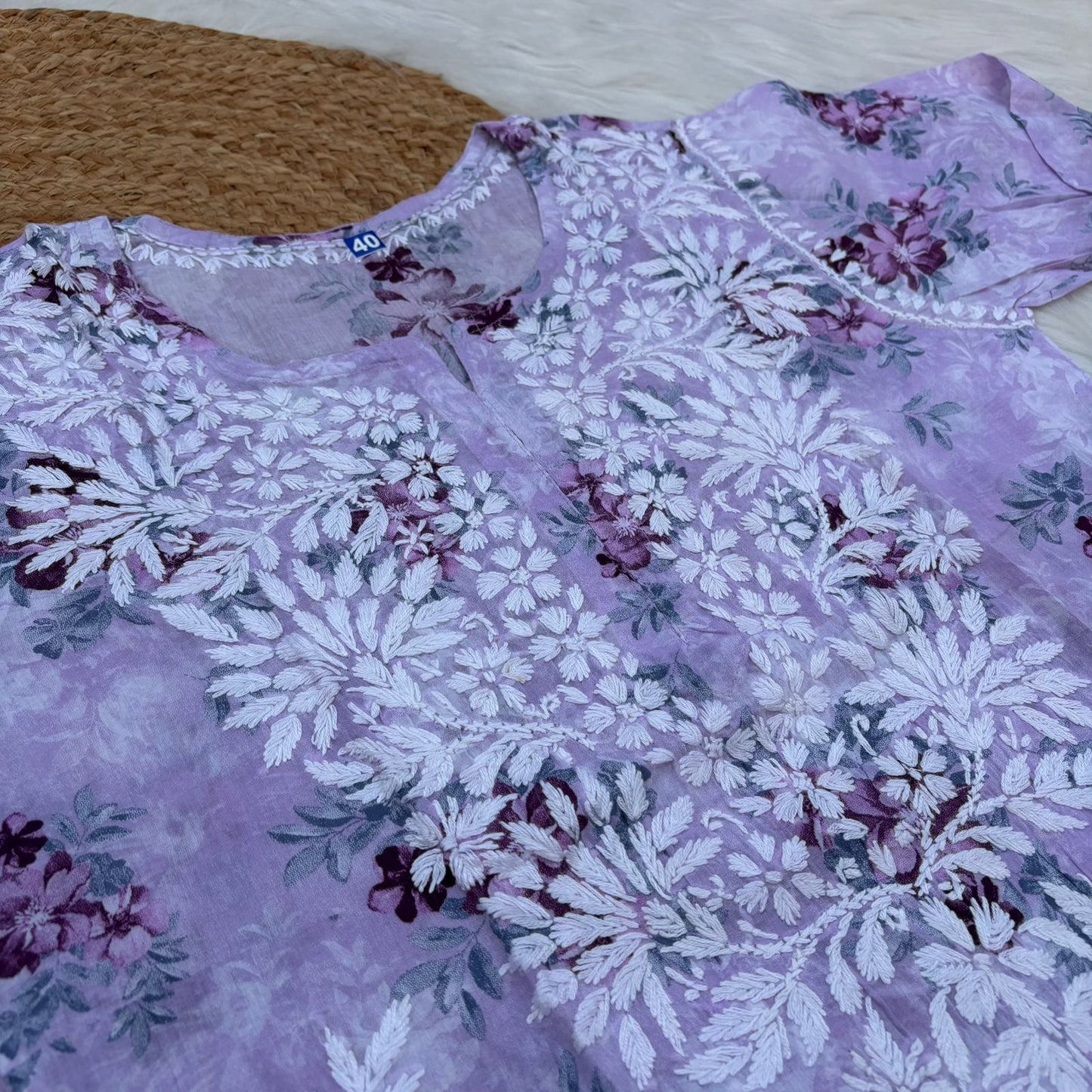 Fawziya Pure Mulmul Chikankari  Handwork Kurti -Purple Colour