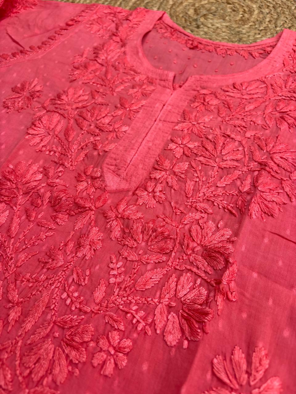 Ziva Soft Dobby Cotton Lucknowi Handwork Chikankari Short Kurti - Gazri Colour