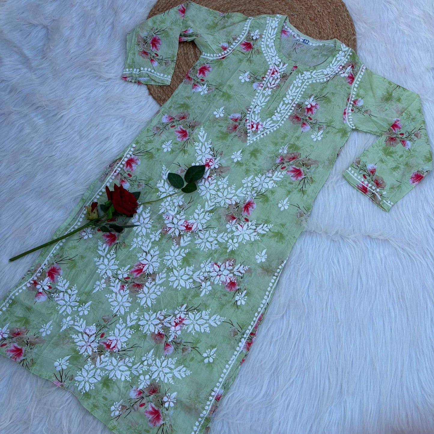 Rasha Pure Mulmul Chikankari Kurti - Pista Colour