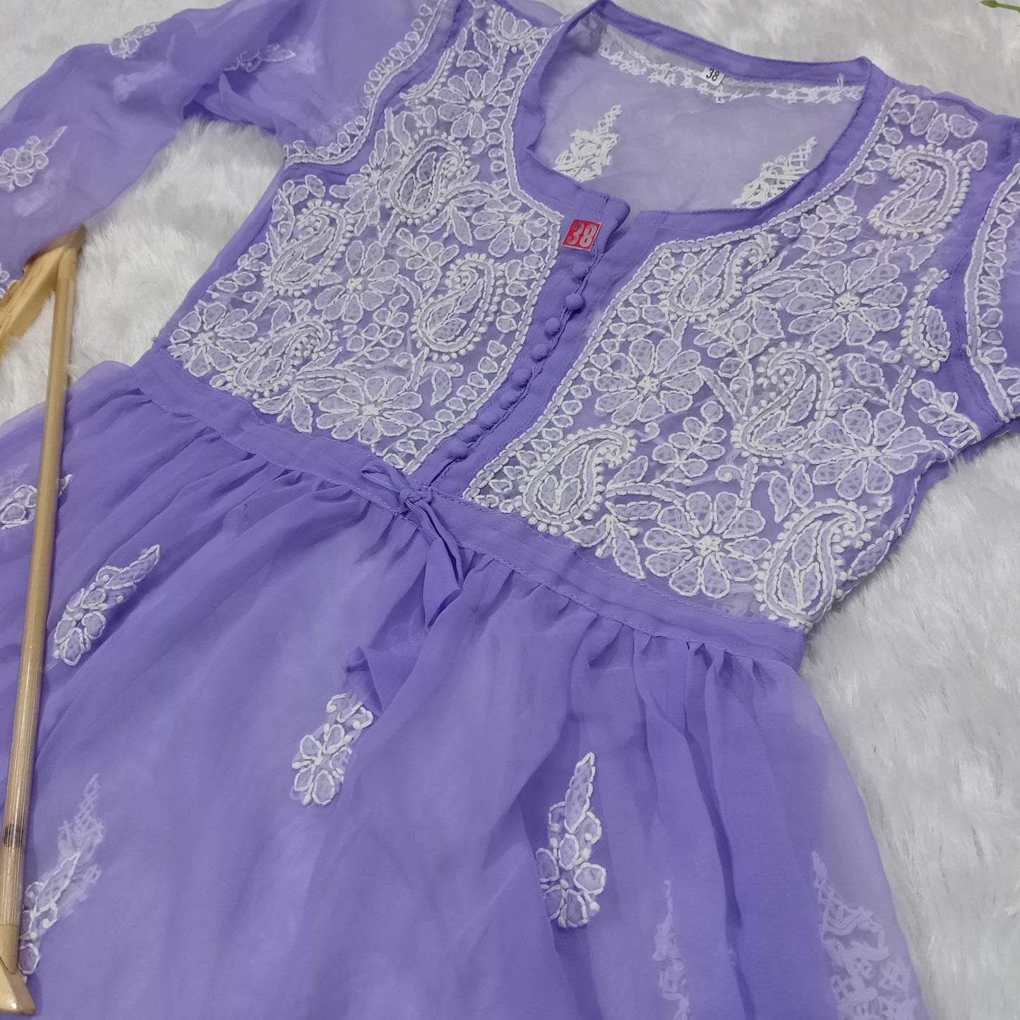 CHIKANKARI GEORGETTE SHORT GOWN WITH DORI PURPLE COLOUR - chikankaar