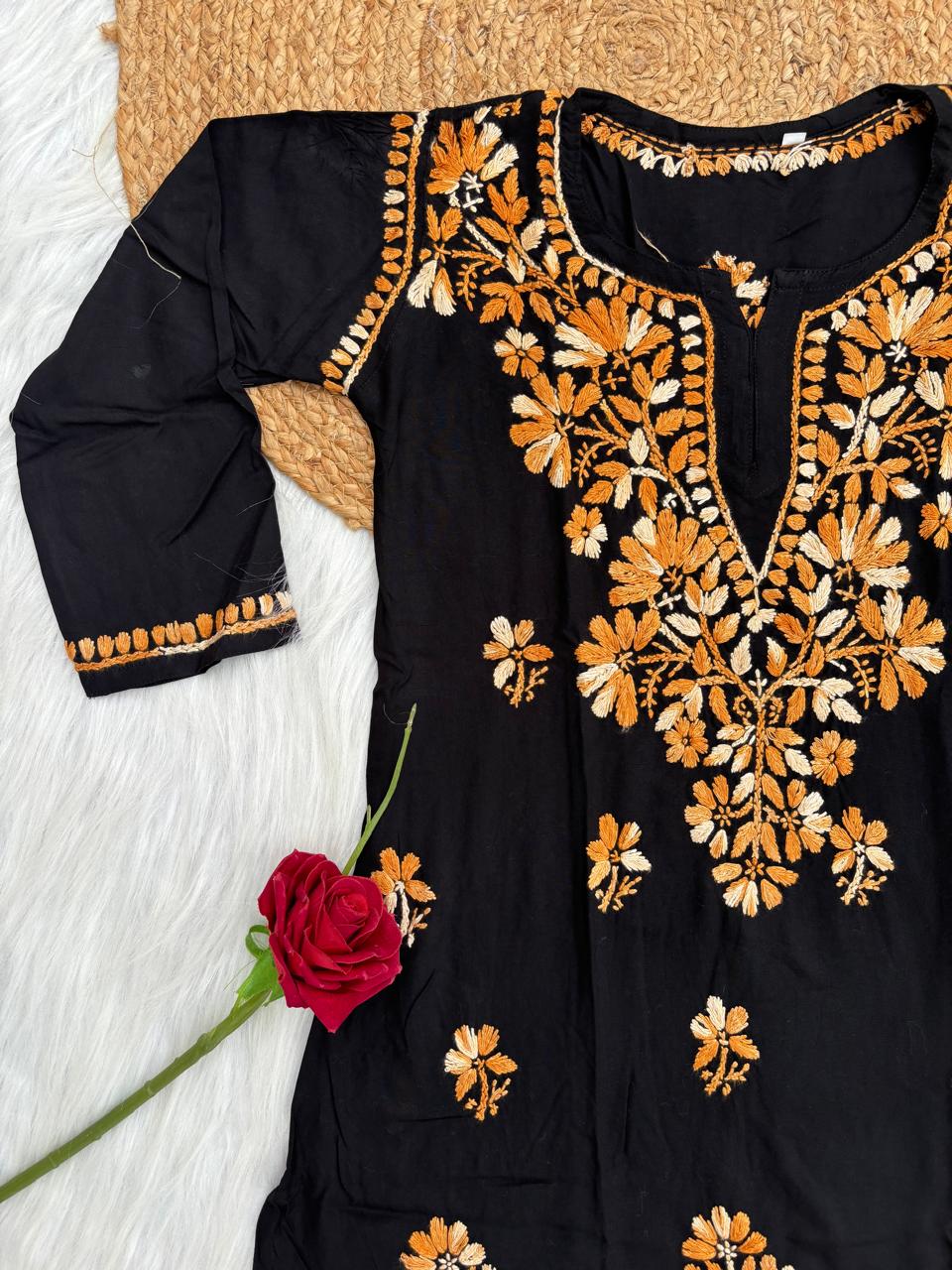 Mahek Soft Rayon Handwork Chikankari Short Kurti- Mustard Colour