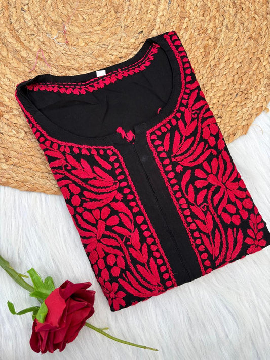 Shifa Soft Rayon Lucknowi Chikankari Kurti - Black Cherry Color