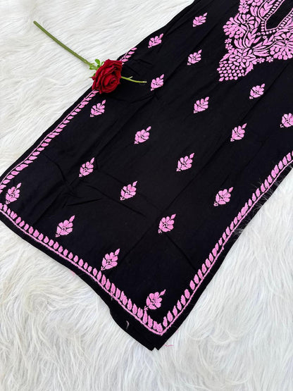 Shifa Soft Rayon Lucknowi Chikankari Kurti - Black Pink Color