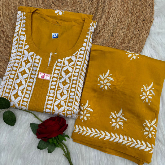 Afana Silk Chikankari Kurti Plazo set Yellow Colour