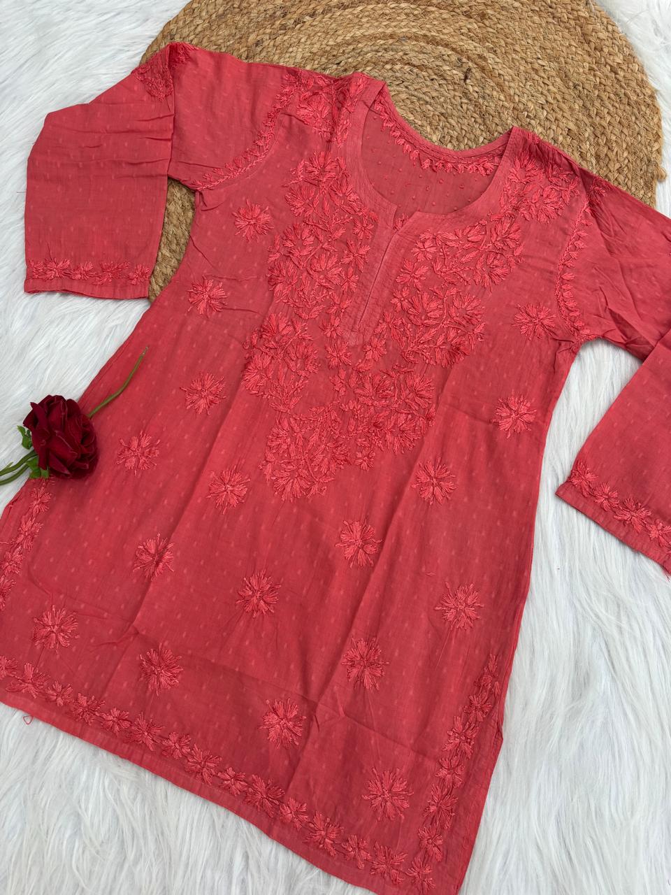 Ziva Soft Dobby Cotton Lucknowi Handwork Chikankari Short Kurti - Gazri Colour