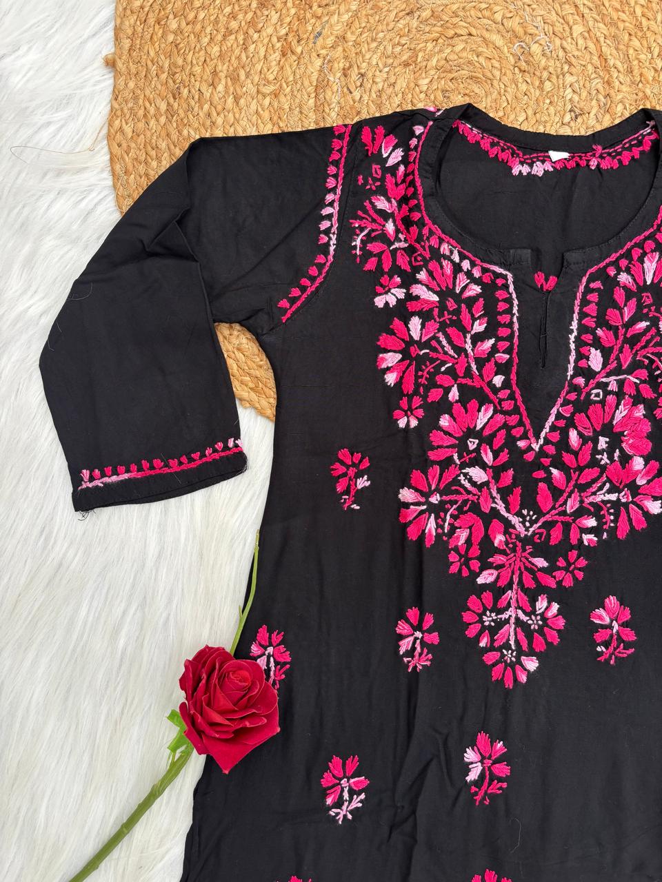 Mahek Soft Rayon Handwork Chikankari Short Kurti- Pink Colour