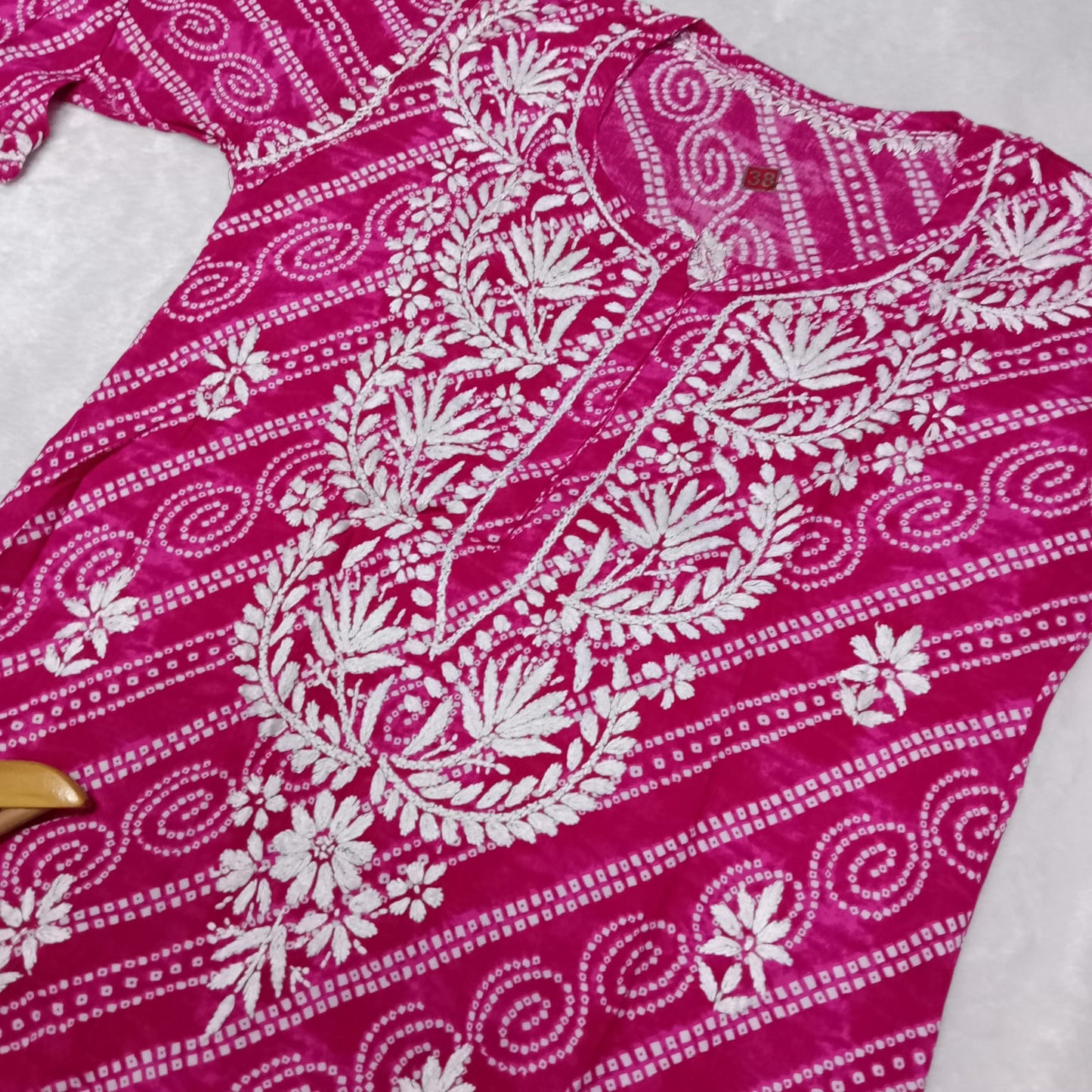 Falak Bandhani Print Rayon Chikankari Kurti -Pink Colour