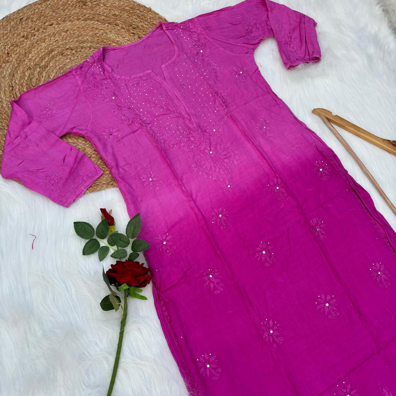 Rakul Preet Inspired Chikankari Muslin Kurti with Mukaish Work - Fuchsia Colour