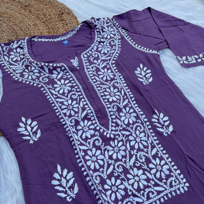 Soft Rayon Chikankari Kurti - Wine Colour