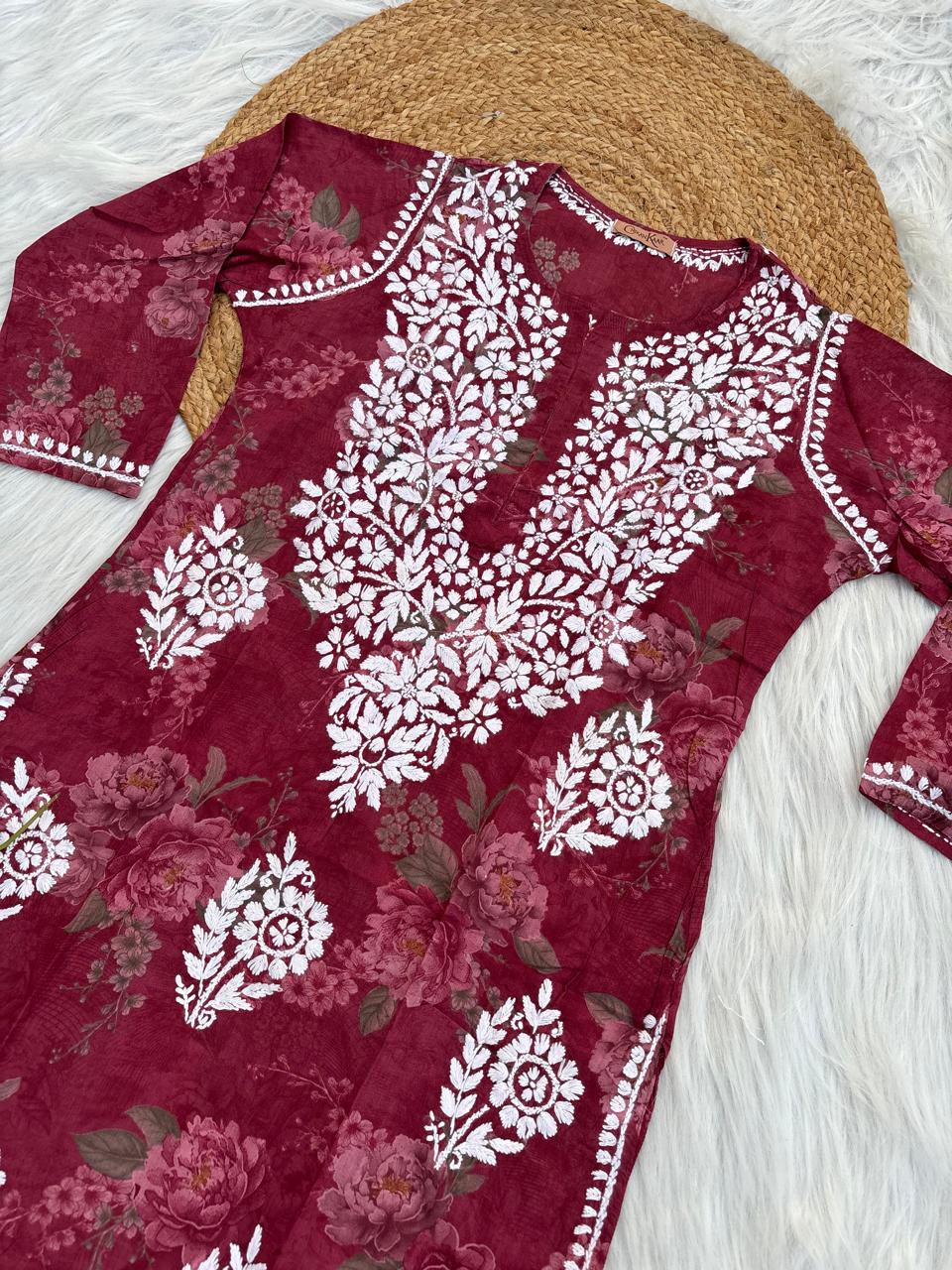 Zaina Pure Mulmul Chikankari Handwork Kurti - Red Colour