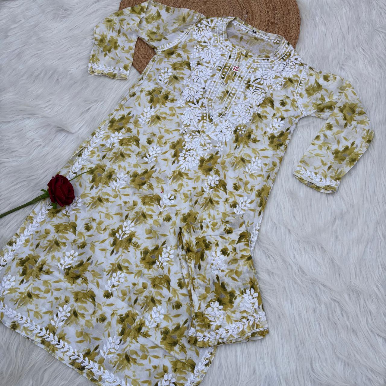 Aaliyah Mulmul Cotton Chikankari Kurti Set -Green Colour