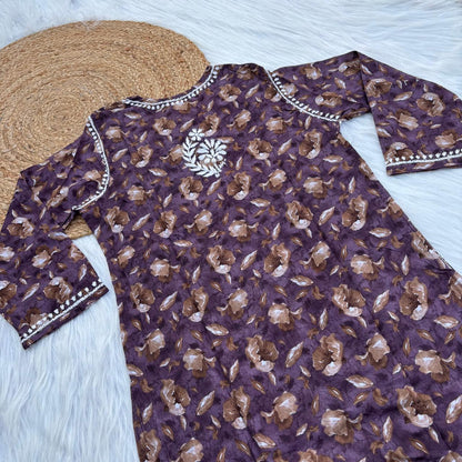 Sana Pure Mulmul Chikankari  Handwork Kurti - Purple Colour
