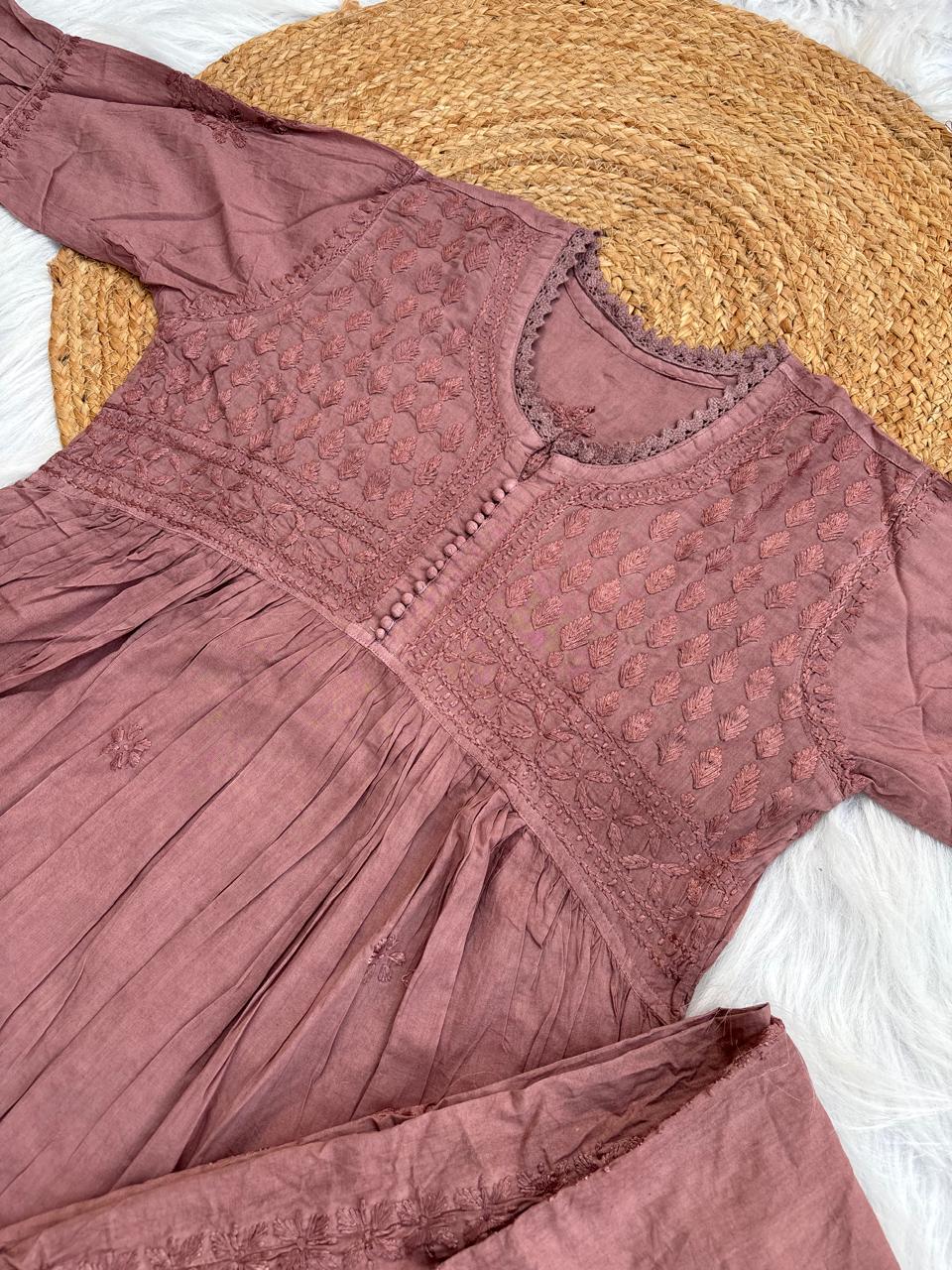 Laila Dobby Cotton Frock Style Short Kurti with Afghani Pant - Brown Color
