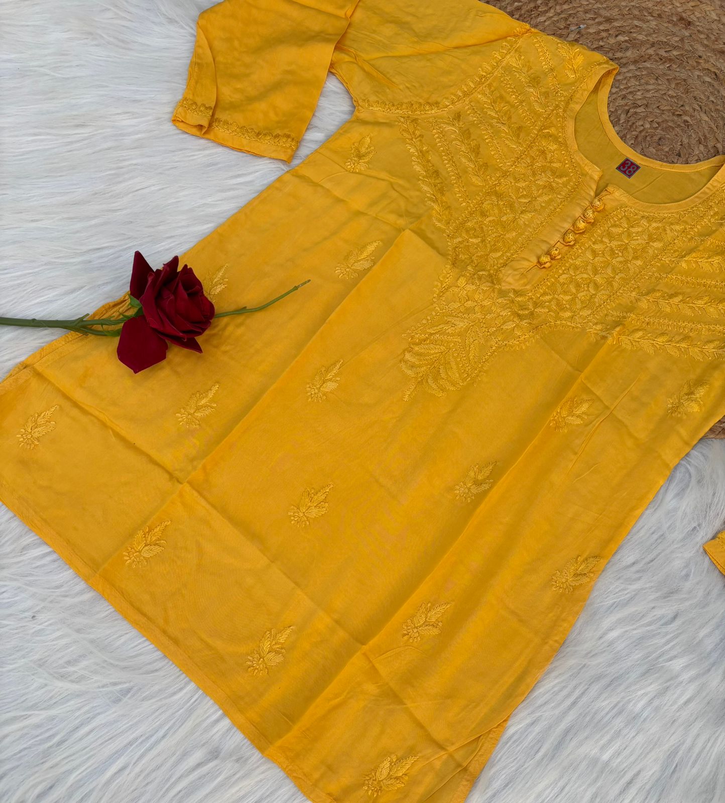 Zimal Dyeable Soft Rayon Chikankari Short Kurti - Yellow Colour