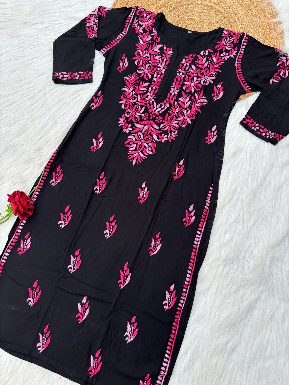 Shefrin Soft Rayon Lucknowi Handwork Chikankari Kurti - Pink Colour