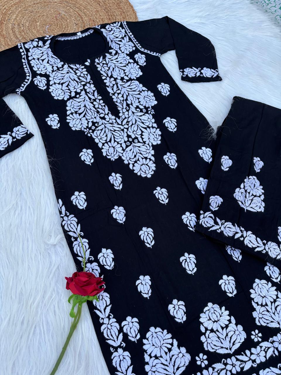 Rida Rayon Handwork Chikankari Kurti Set -Black White Colour