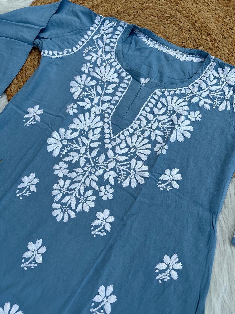 Ina Soft Rayon Handwork Chikankari Short Kurti - Blue Colour