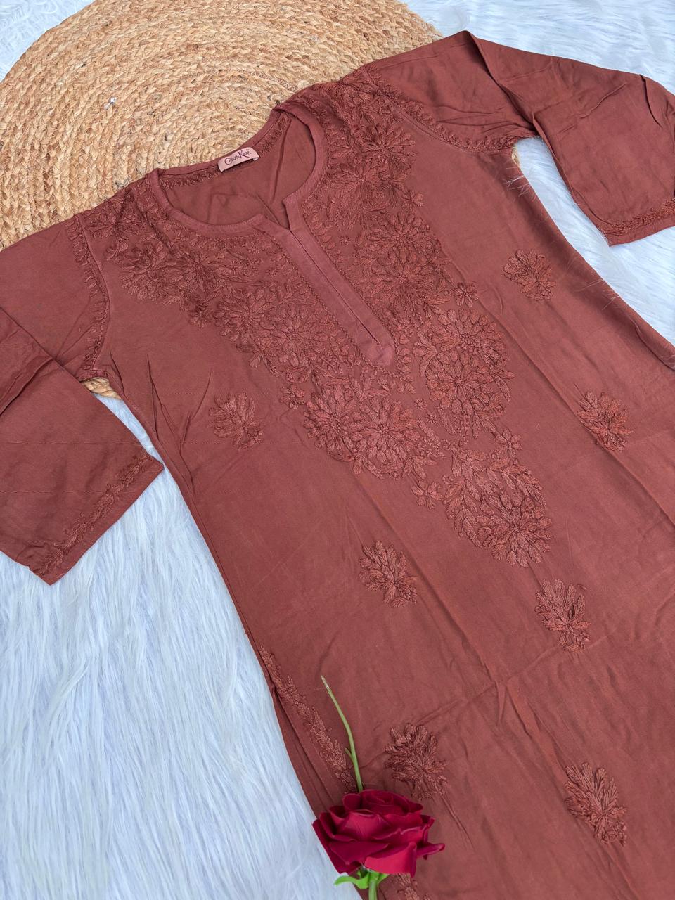 Rabab Dyeable Soft Rayon Handwork Chikankari Kurti - Brown Colour