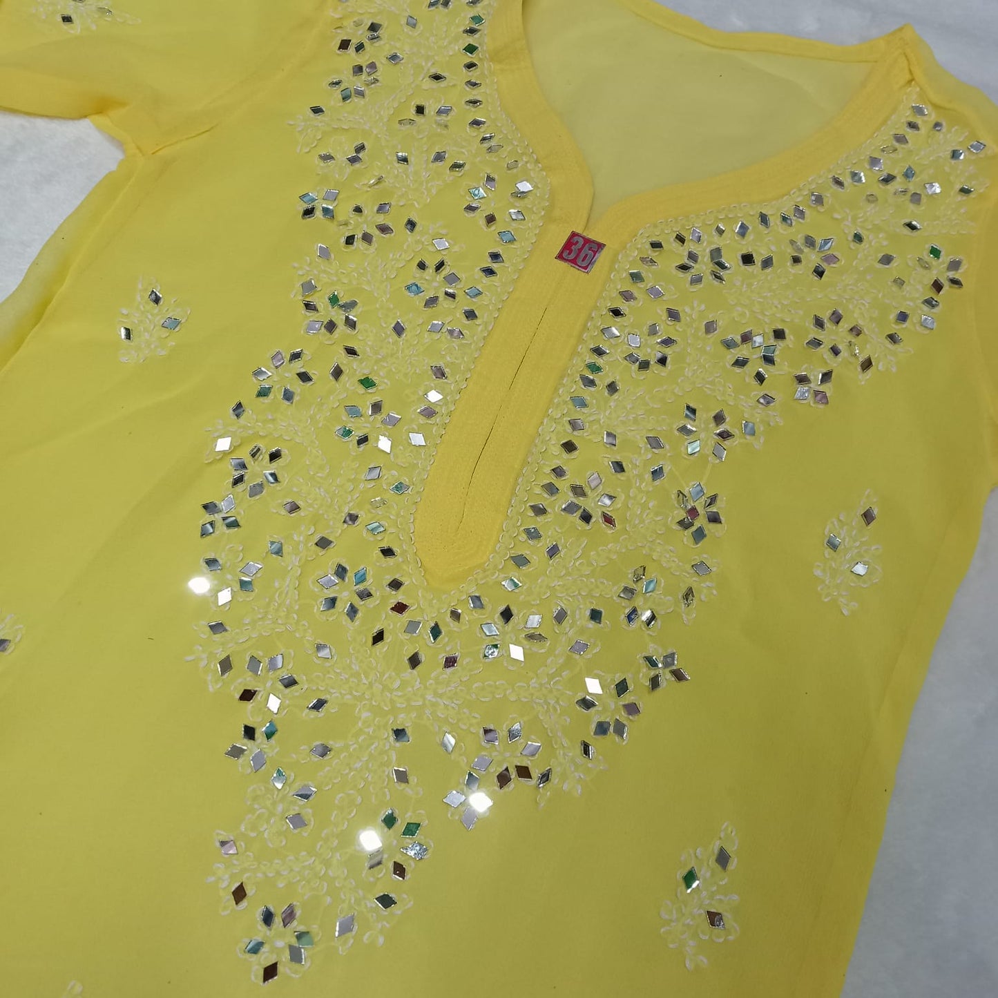 Georgette Mirror Work Chikankari Kurti With Inner - Yellow Colour