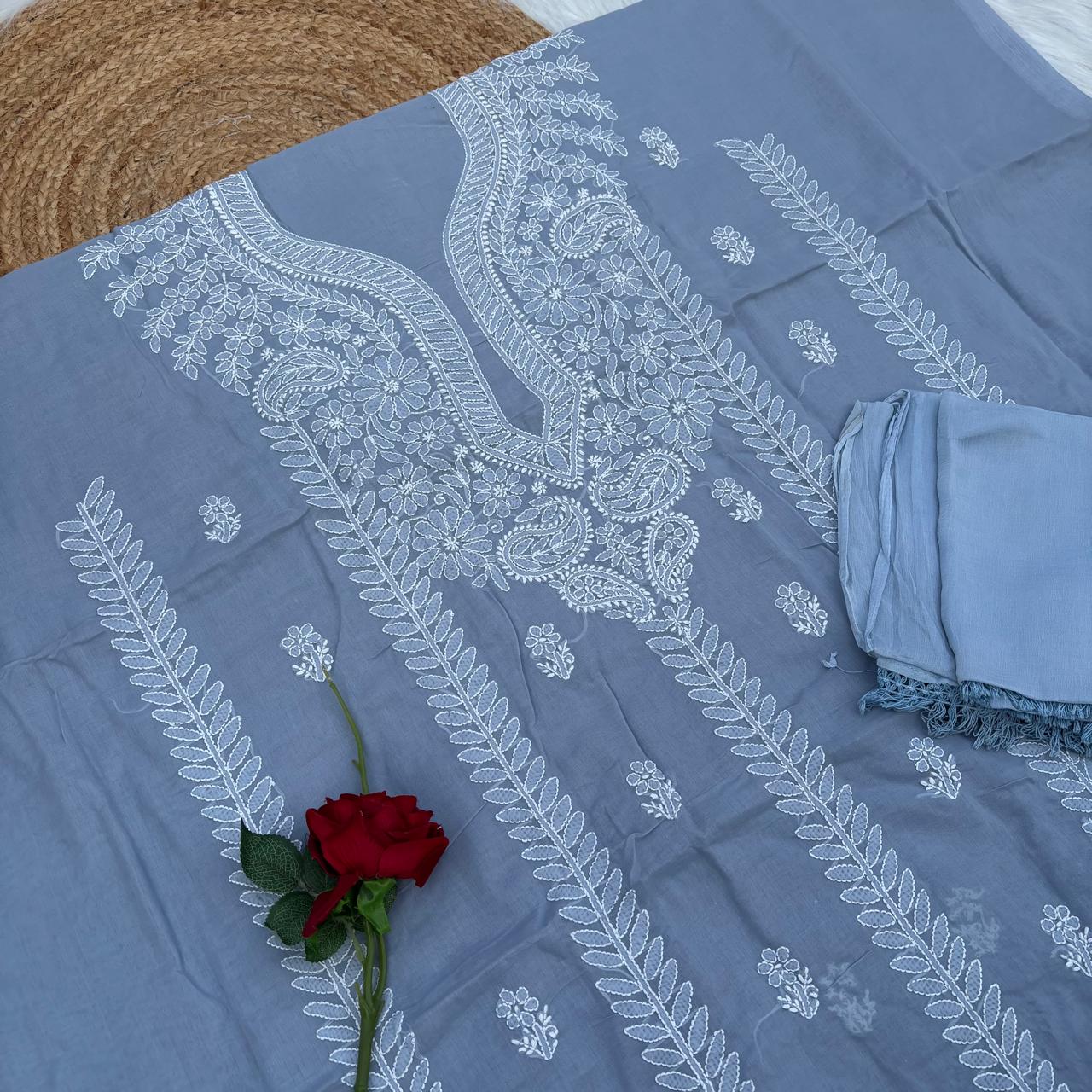 Madhuri Voile Cotton Chikankari Unstitched 3 pc set - Grey Colour