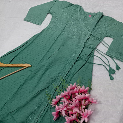 Ombre Shaded Dobby Cotton Chikankari Angarakha -Dark Green Colour