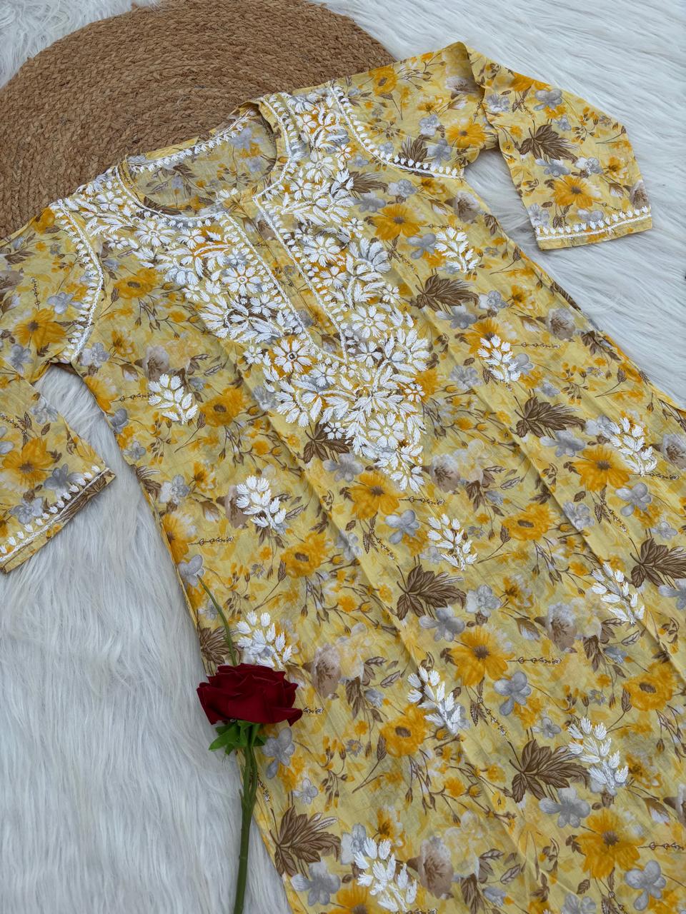 Alina Pure Mulmul Chikankari Handwork Kurti - Yellow Colour