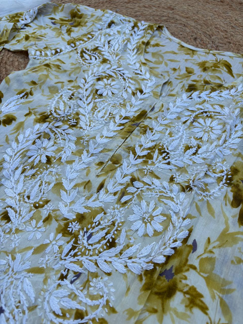 Hadaya Mulmul Cotton Chikankari Kurti Set - Green Colour