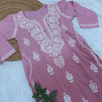 Isha Slub Cotton Chikankari Kurti - Blush colour