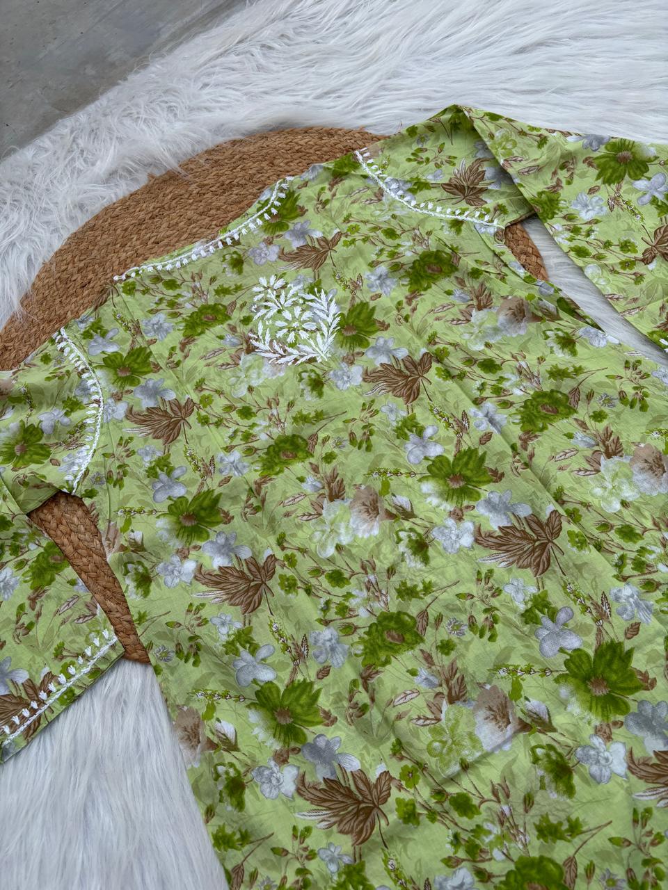 Alina Pure Mulmul Chikankari Handwork Kurti - Green Colour
