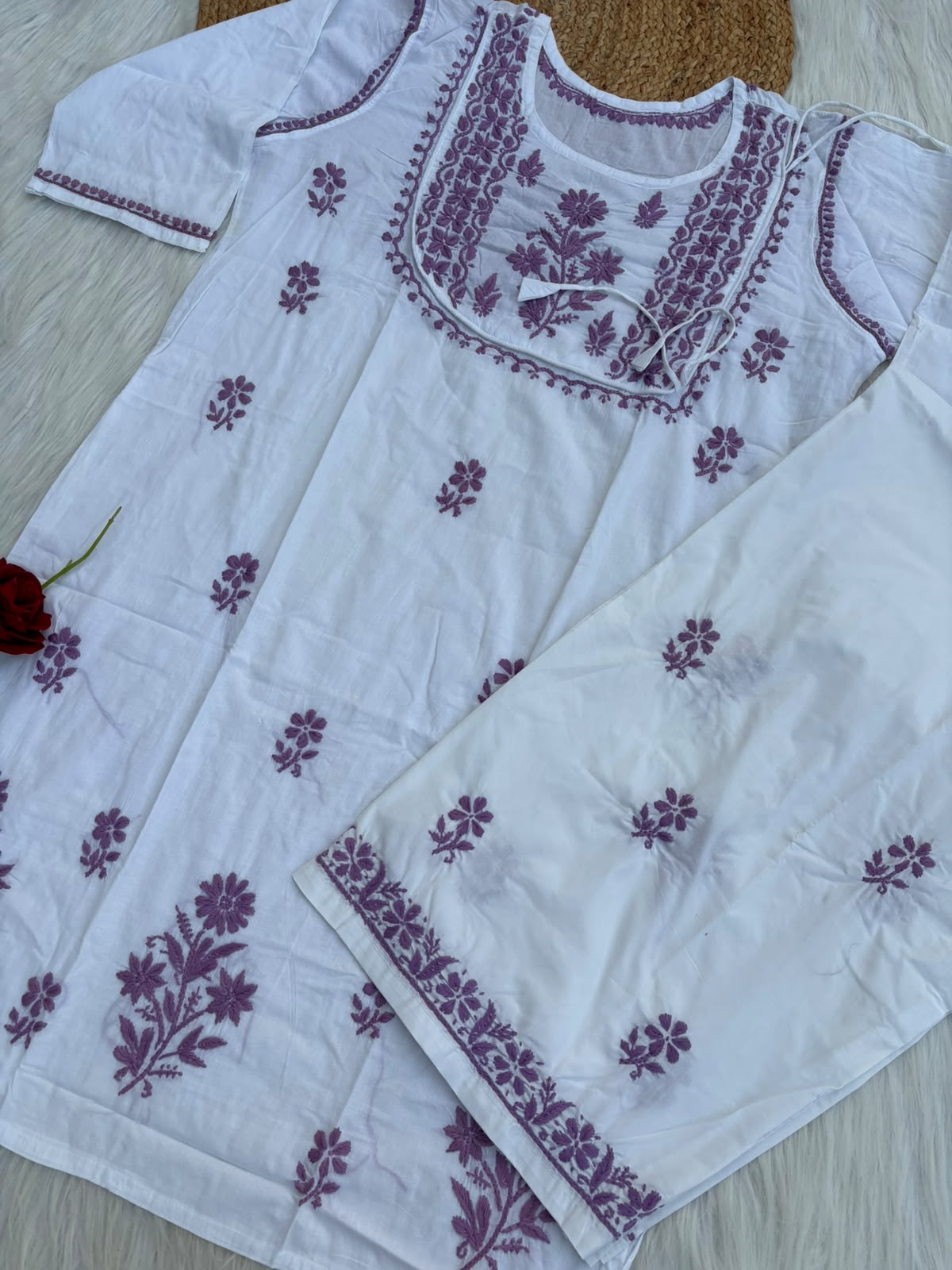 Heer Plus Size Cotton Handwork Chikankari Kurti Set - White Purple