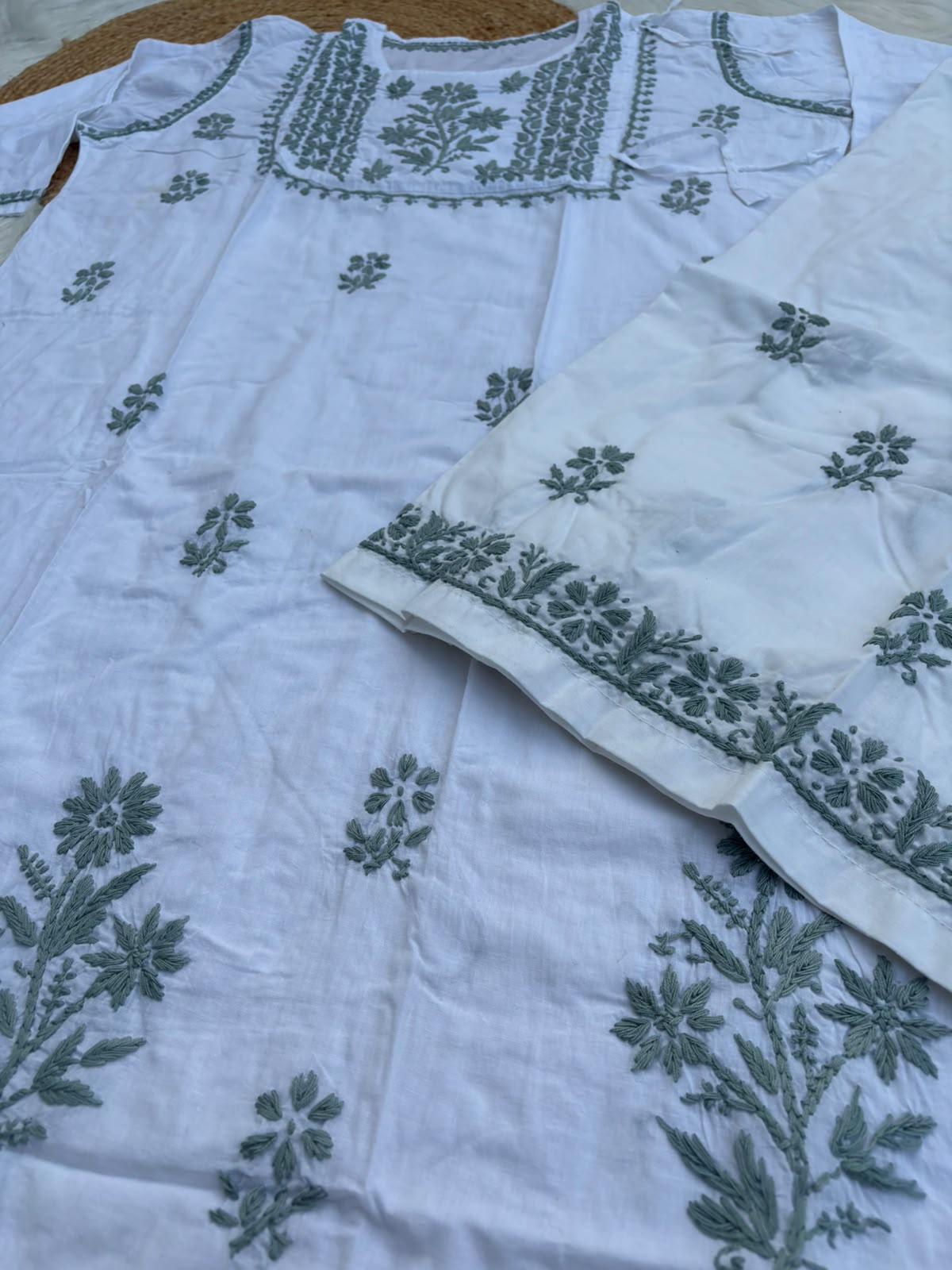 Heer Plus Size Cotton Handwork Chikankari Kurti Set - White Grey