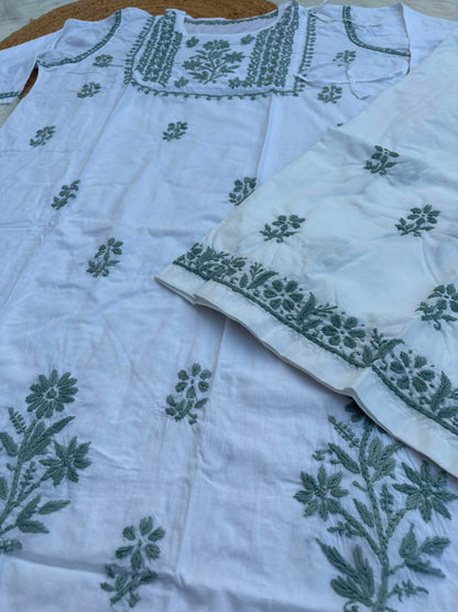 Heer Plus Size Cotton Handwork Chikankari Kurti Set - White Grey