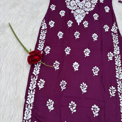 Maysa Soft Rayon Handwork Chikankari Kurti - Wine Colour