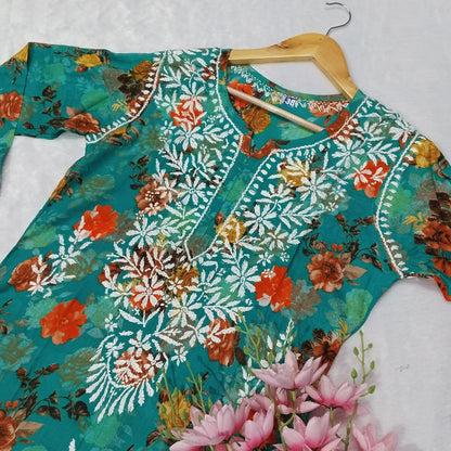 MULMUL FLORAL PRINTED CHIKANKARI KURTI - SEA GREEN COLOUR - chikankaar