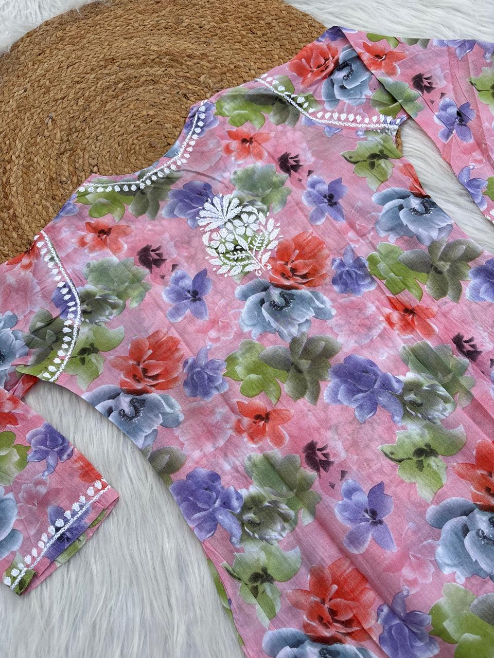 Najma Pure Mulmul Chikankari Handwork Kurti - Peach Colour