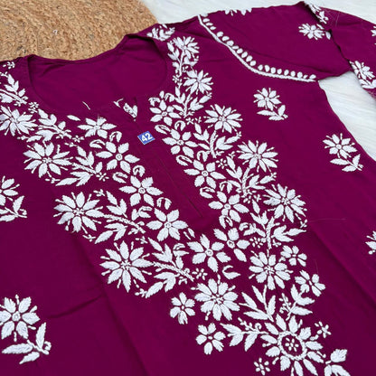 Maya Rayon Chikankari Kurti Plazo Set - Wine Colour