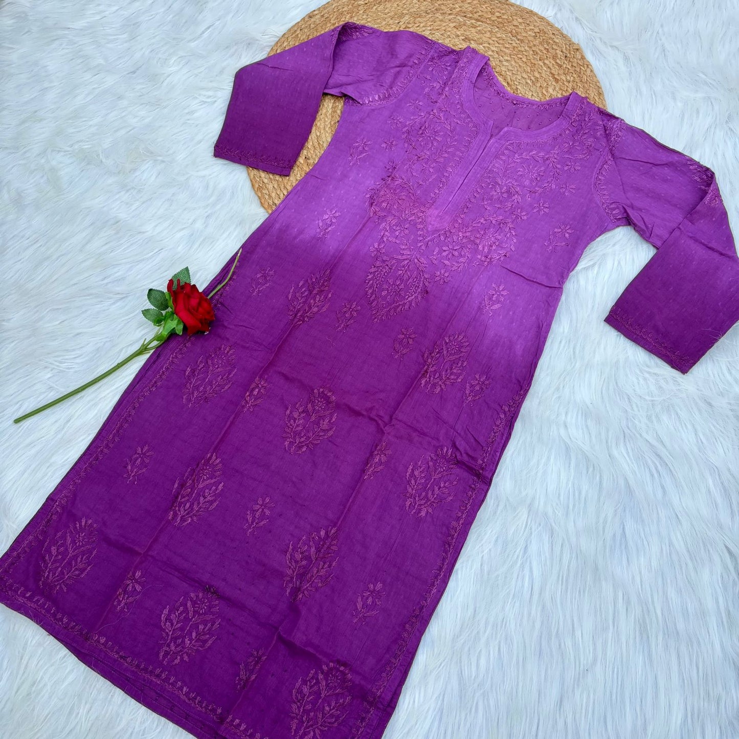 Tuba Ombre Shaded Dobby Cotton Chikankari Kurti - Wine Colour