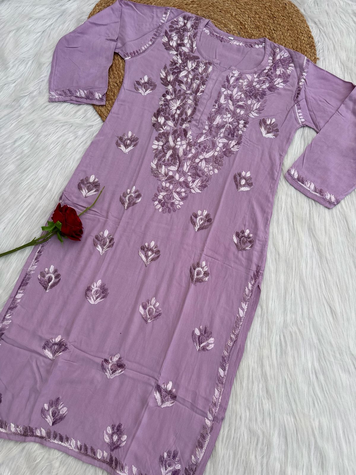 Roohi Rayon Tone To Tone Lucknowi Handwork Chikankari Kurti - Lavender Color