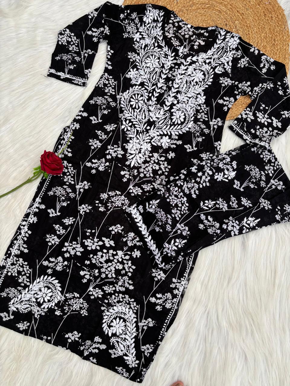 Jiya Mulmul Cotton Handwork Chikankari Kurti Set - Black Colour