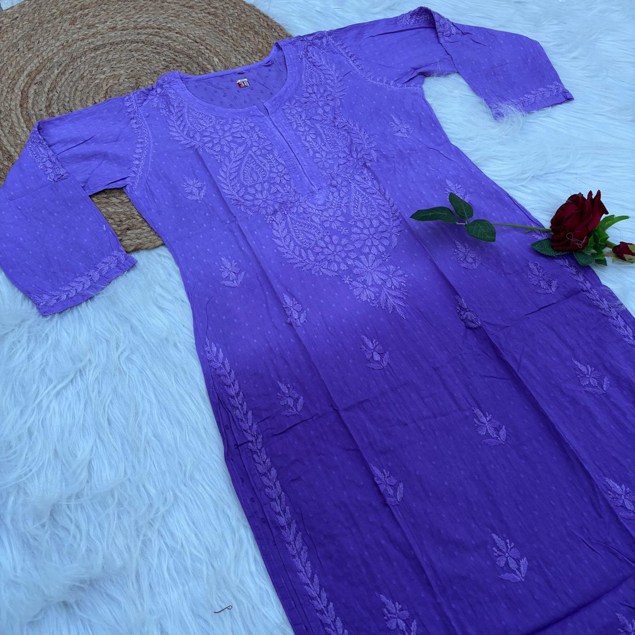 Tamanna Ombre Shaded Dobby Cotton Chikankari Kurti - Purple Colour