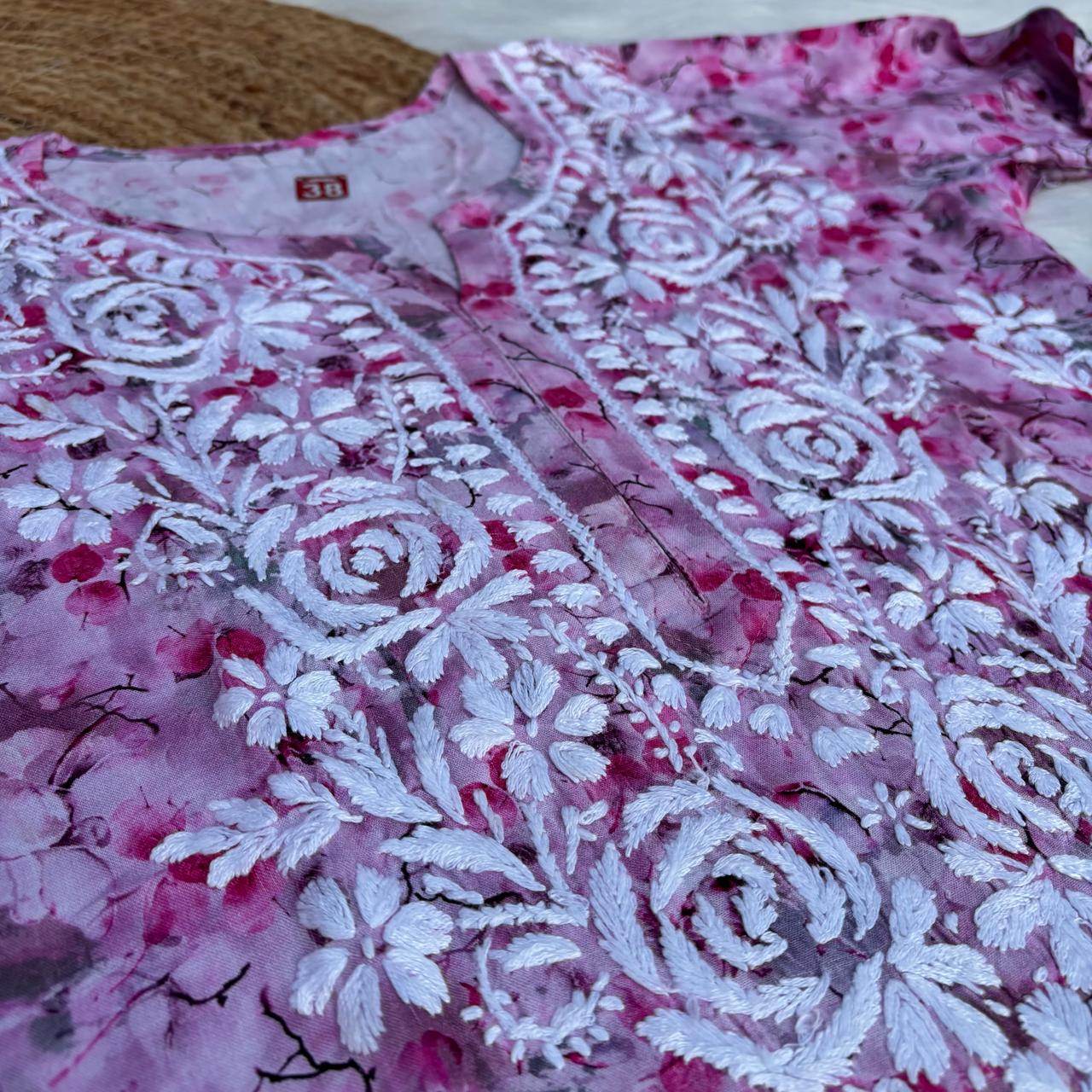 Hina Rayon Rose work Lucknowi Chikankari kurti -Pink Colour