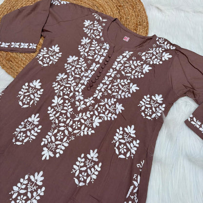 Ameena Soft Rayon Chikankari Kurti - Brown Colour