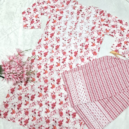 Printed Cotton Chikankari Machine Work Kurti Plazo Set - Red Colour ( Free Earrings)