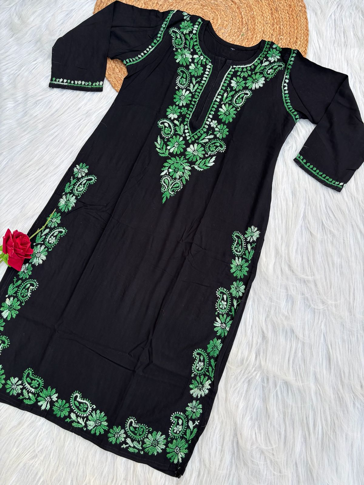 Ghada Soft Rayon Lucknowi Handwork Chikankari Kurti - Green Colour