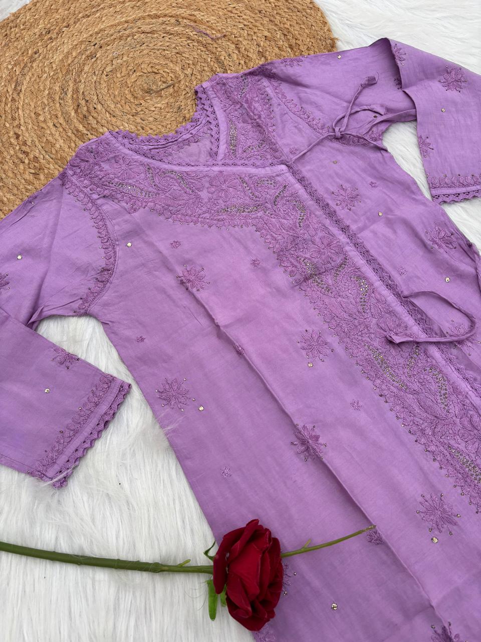 Naaz Chanderi Angrakha style Chikankari Kurti with Mukaish work - Purple Color