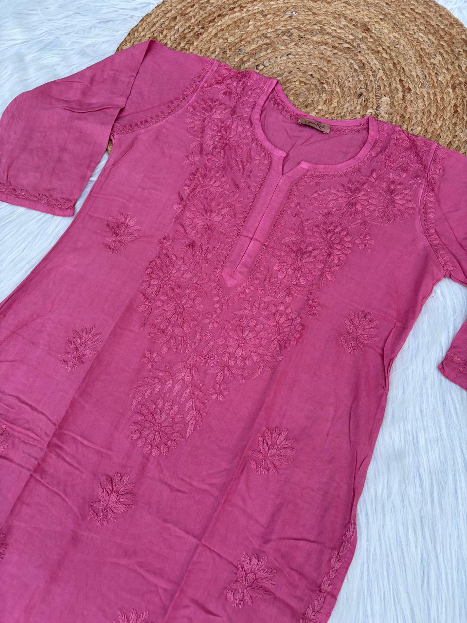 Rabab Dyeable Soft Rayon Handwork Chikankari Kurti - Mauve Pink Colour