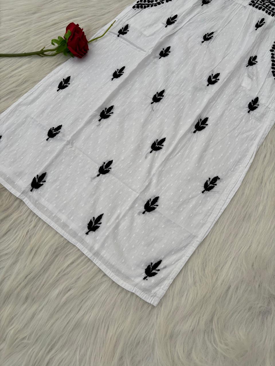 Sonakshi Soft Cotton Lucknowi Chikankari Handwork Kurti (With Pockets) - White Black Color